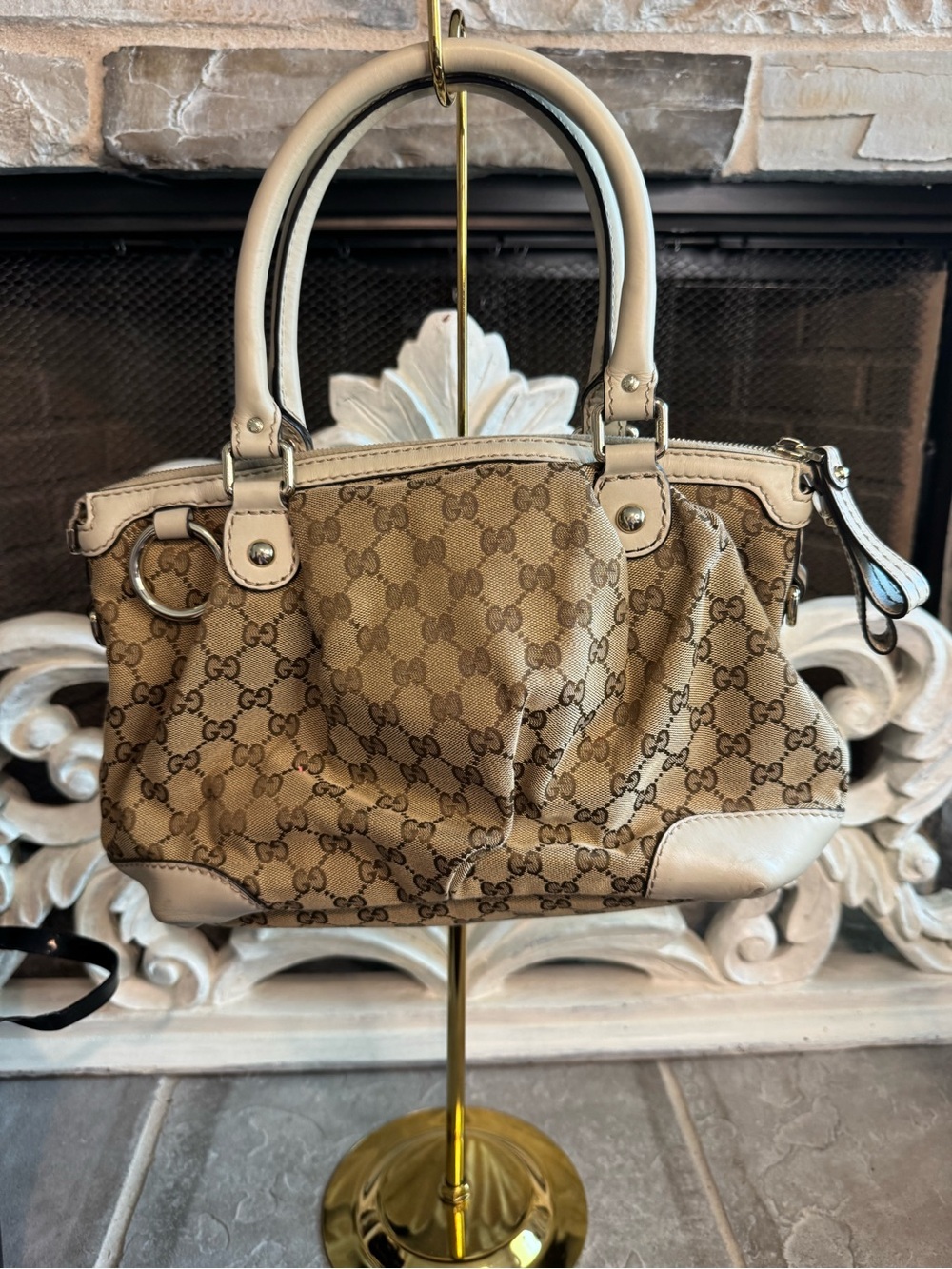 Gucci Sukey Beige GG Canvas Satchel with White Leather Trim